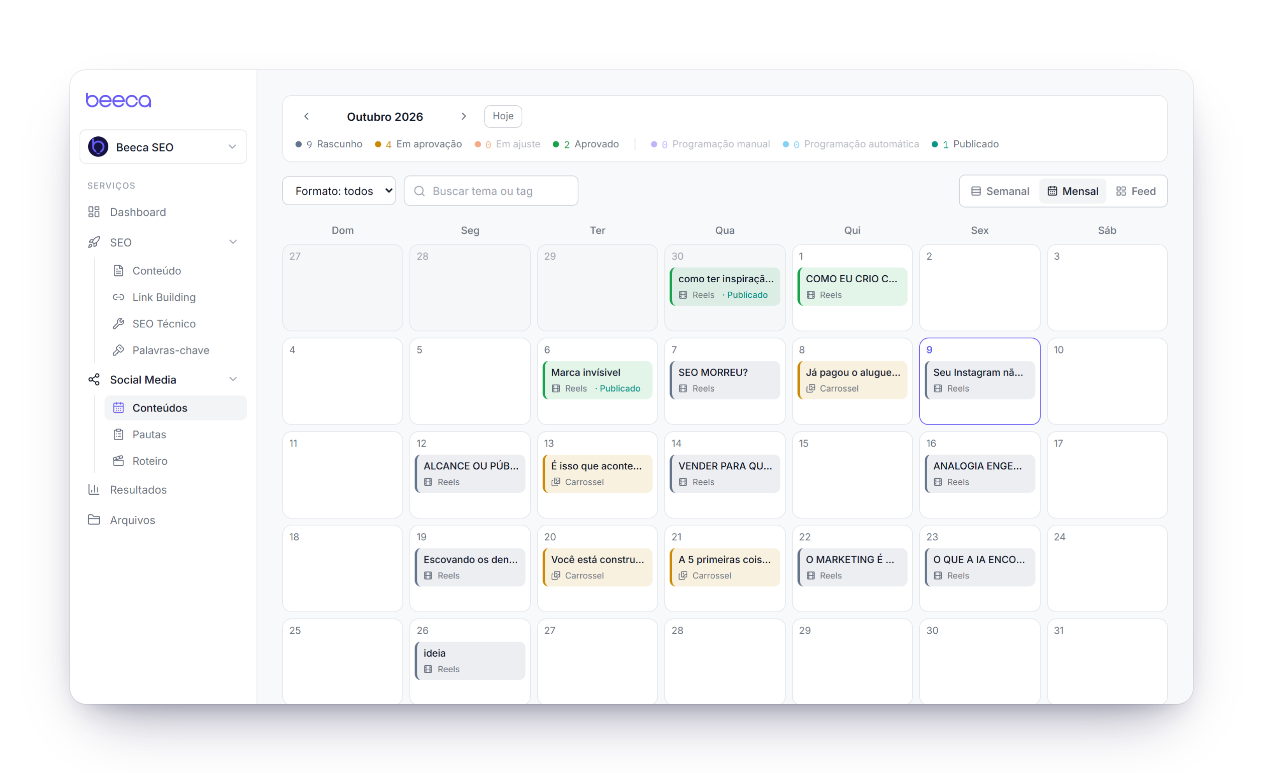 Calendário de conteúdos de redes sociais no painel da Beeca